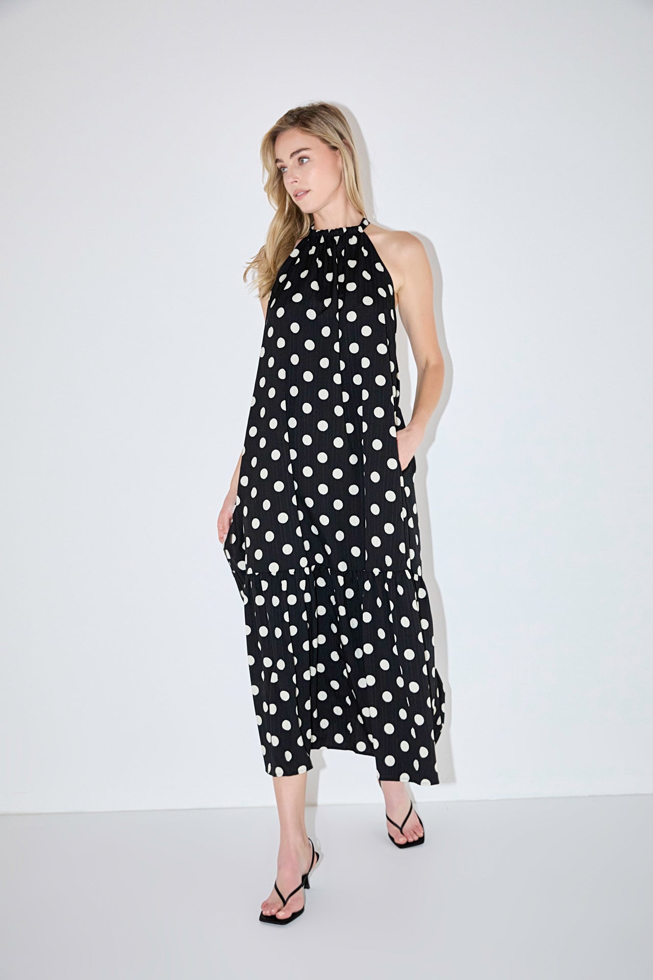 ENGLISH FACTORY - Halter Dot Printed Bow Tie Maxi Dress - DRESSES available at Objectrare