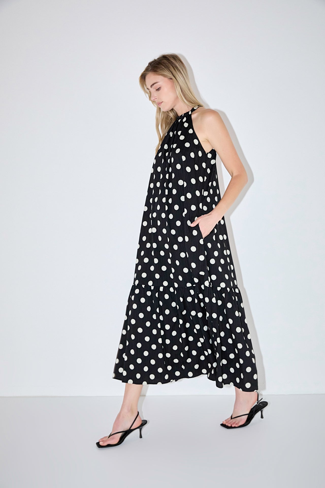 ENGLISH FACTORY - Halter Dot Printed Bow Tie Maxi Dress - DRESSES available at Objectrare