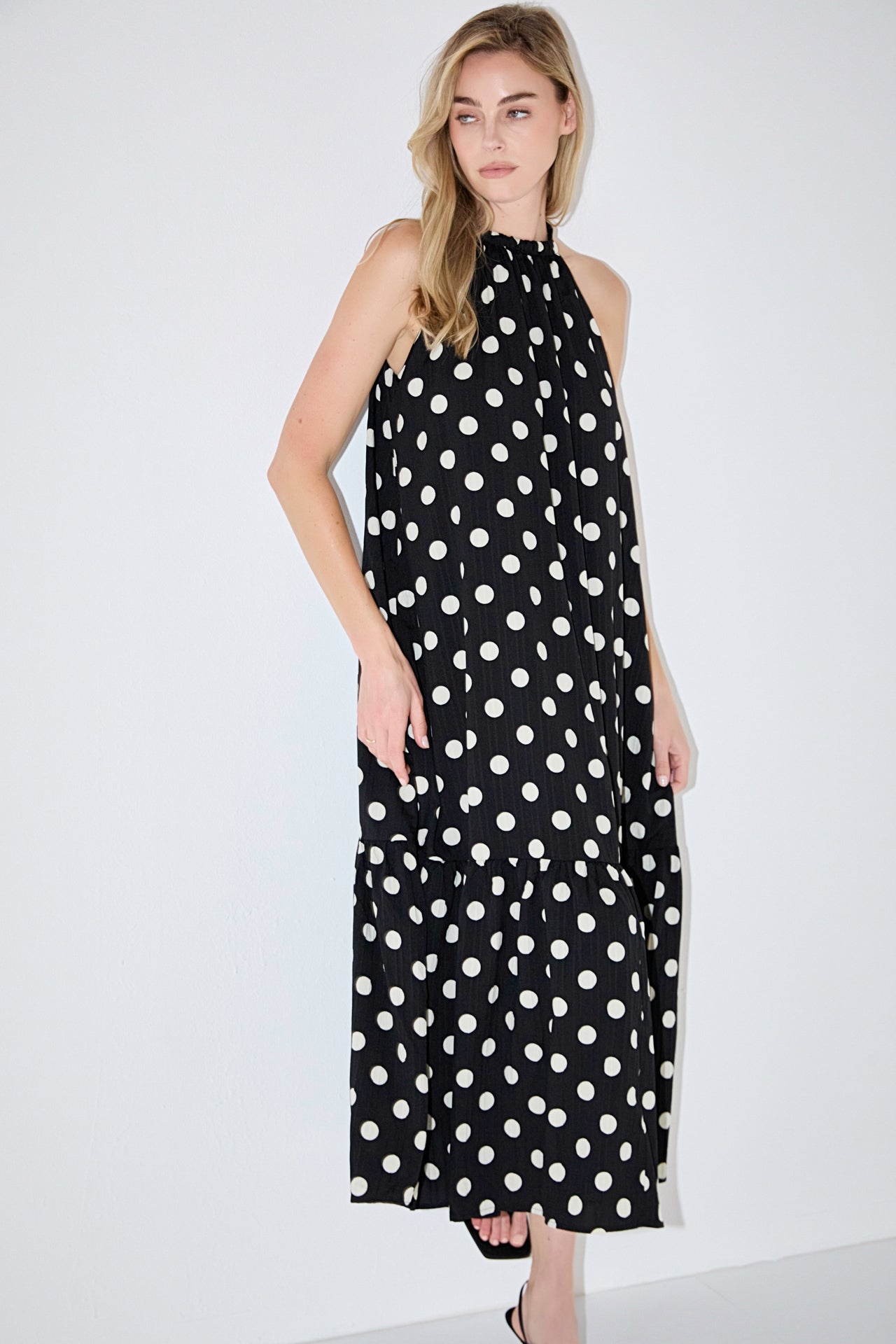 ENGLISH FACTORY - Halter Dot Printed Bow Tie Maxi Dress - DRESSES available at Objectrare