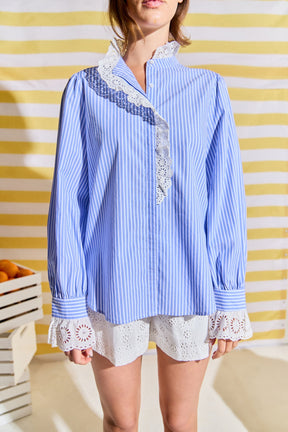 Scalloped Lace Detail Stripe Shirt Blouse