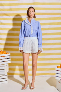 Scalloped Lace Detail Stripe Shirt Blouse