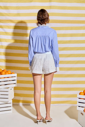 Scalloped Lace Detail Stripe Shirt Blouse