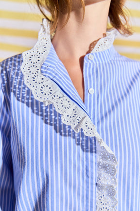 Scalloped Lace Detail Stripe Shirt Blouse