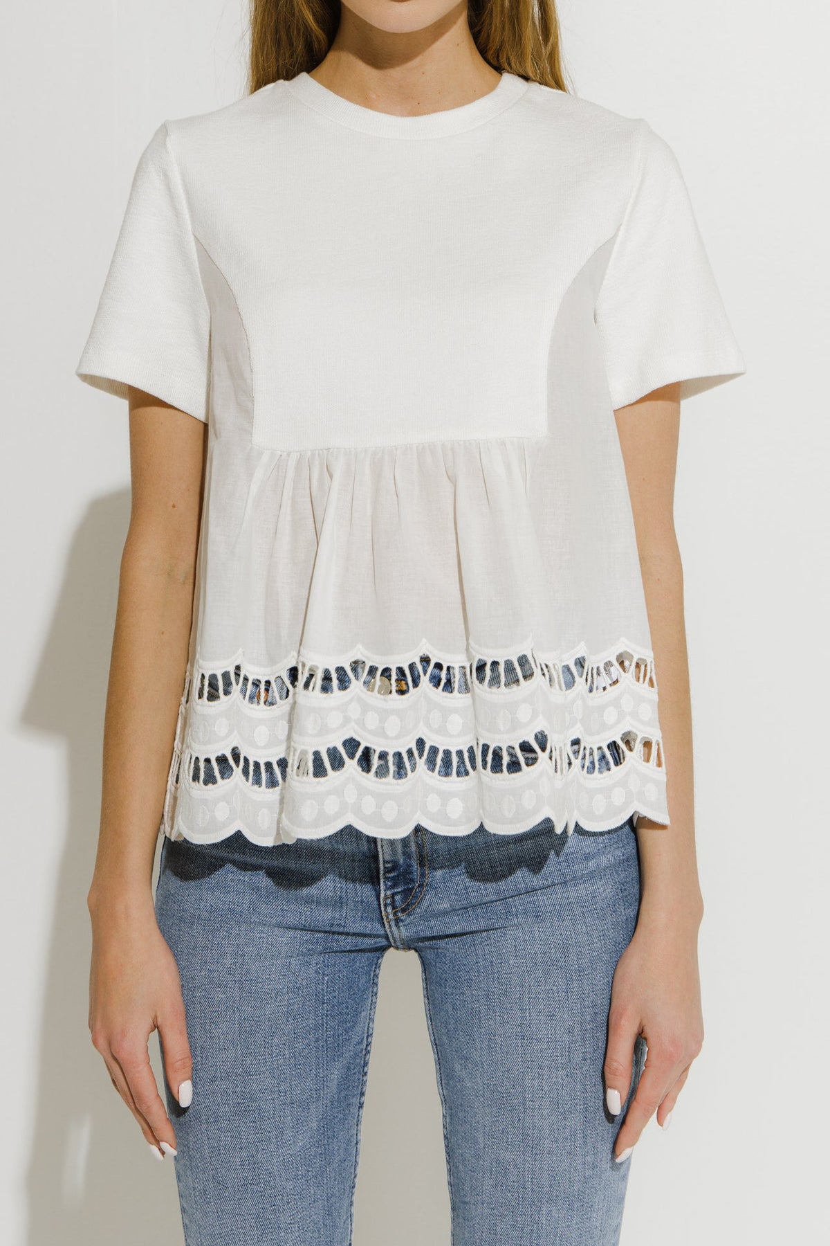 ENGLISH FACTORY - Knit Eyelet Mixed T-Shirt - TOPS available at Objectrare