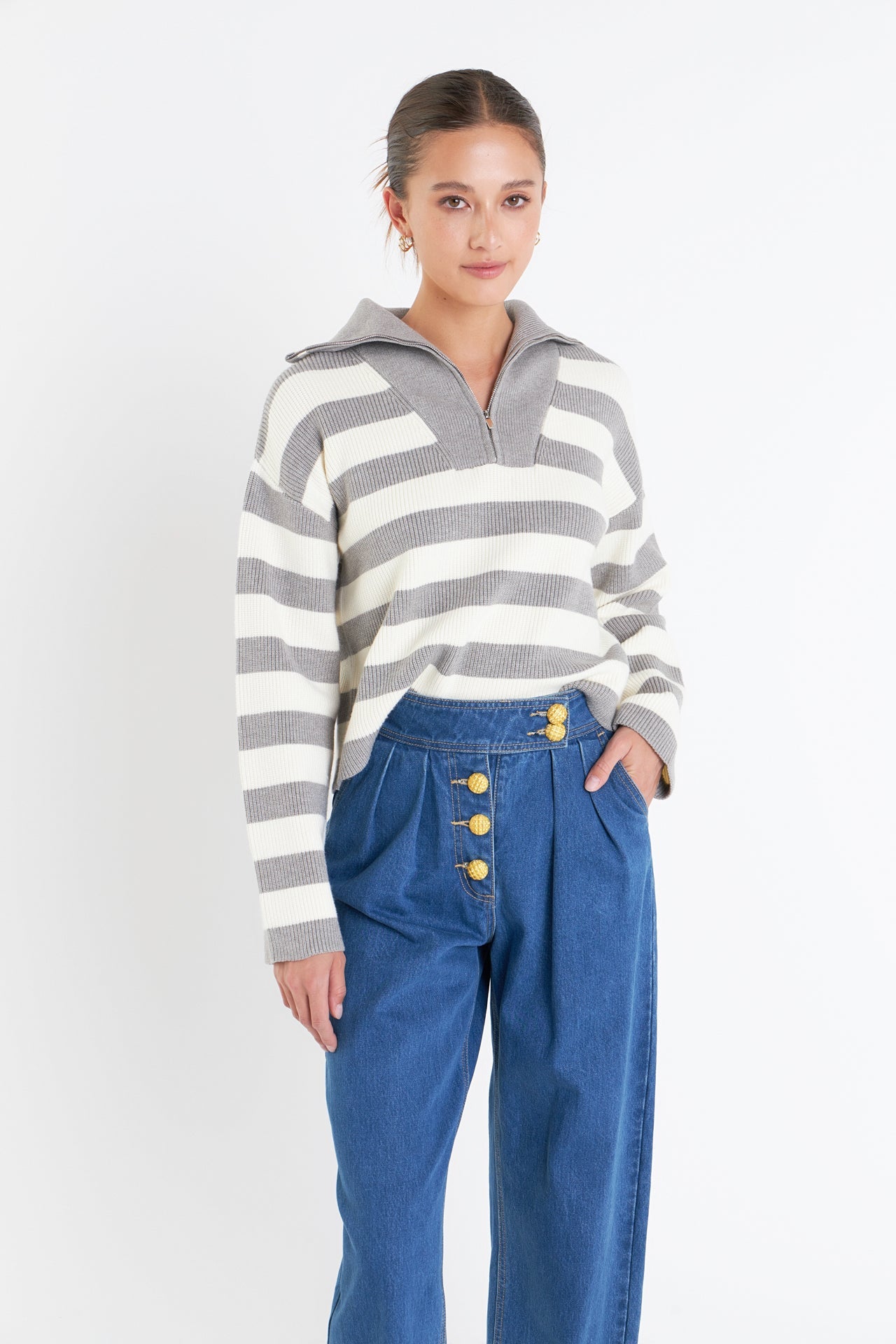 ENGLISH FACTORY - Striped Half-Zip Sweater - SWEATERS & KNITS available at Objectrare