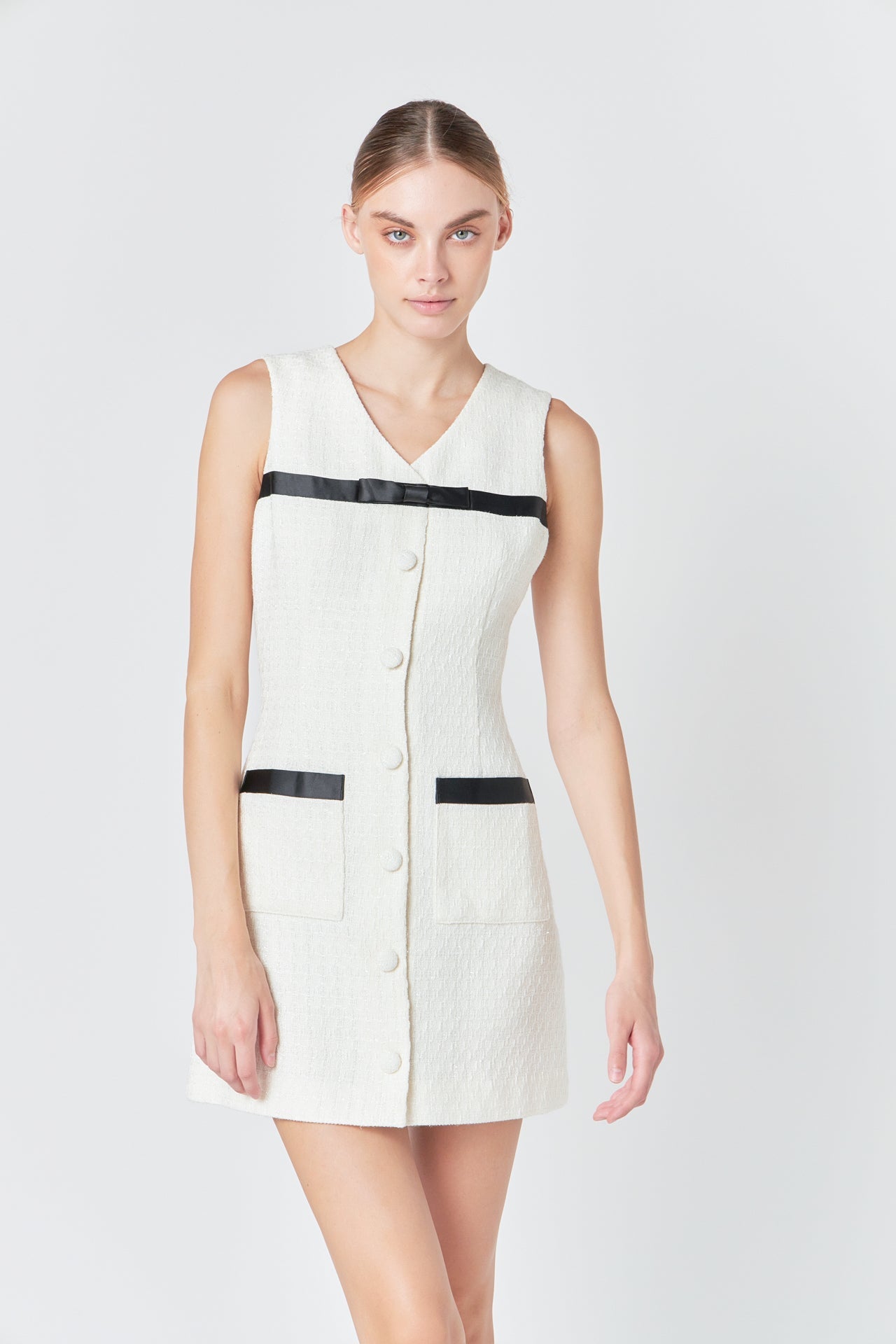 Satin Bow Tweed Shirt Dress