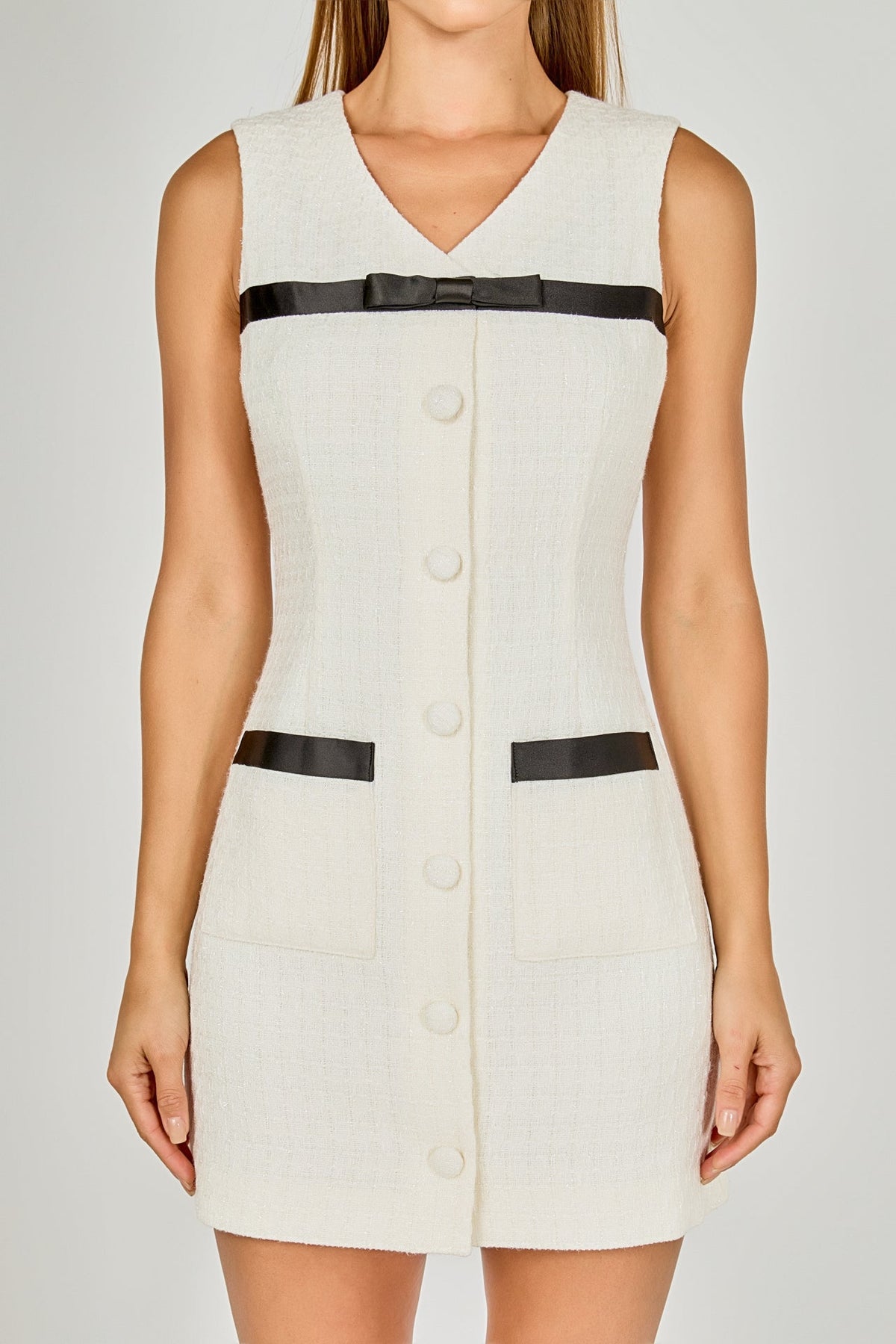 ENDLESS ROSE - Satin Bow Tweed Shirt Dress - DRESSES available at Objectrare