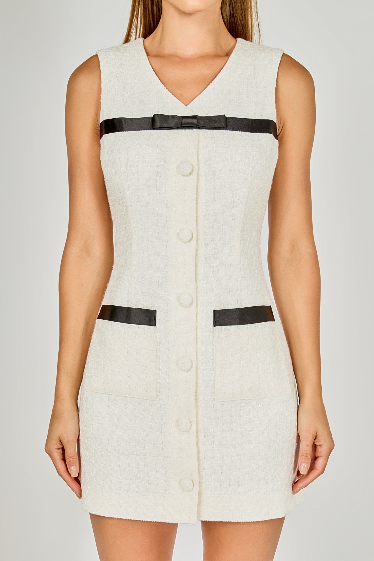 ENDLESS ROSE - Satin Bow Tweed Shirt Dress - DRESSES available at Objectrare