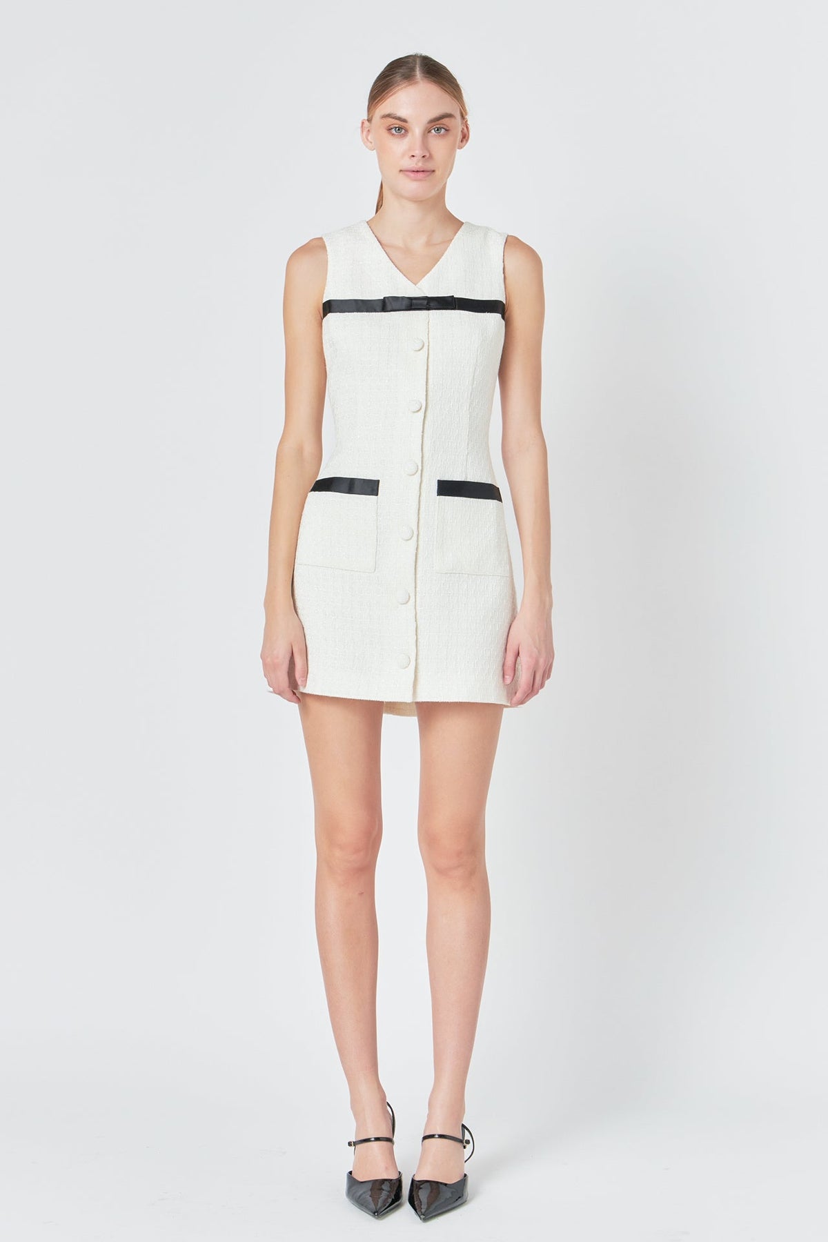 Satin Bow Tweed Shirt Dress