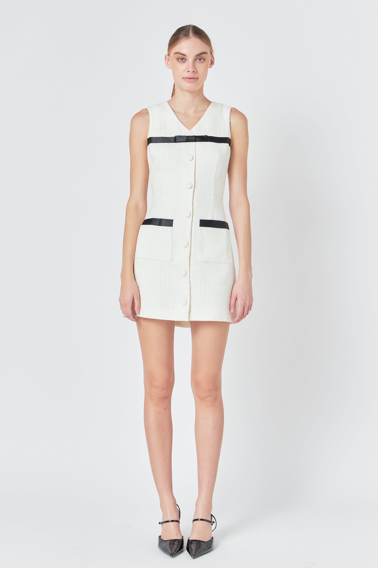 Satin Bow Tweed Shirt Dress