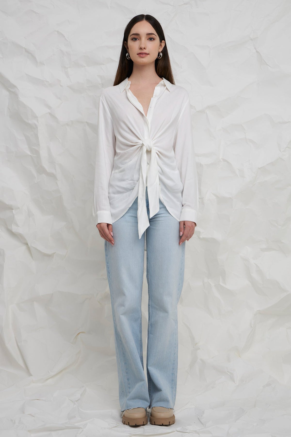 ENGLISH FACTORY - Front Tie Oversized Collared Top - TOPS available at Objectrare