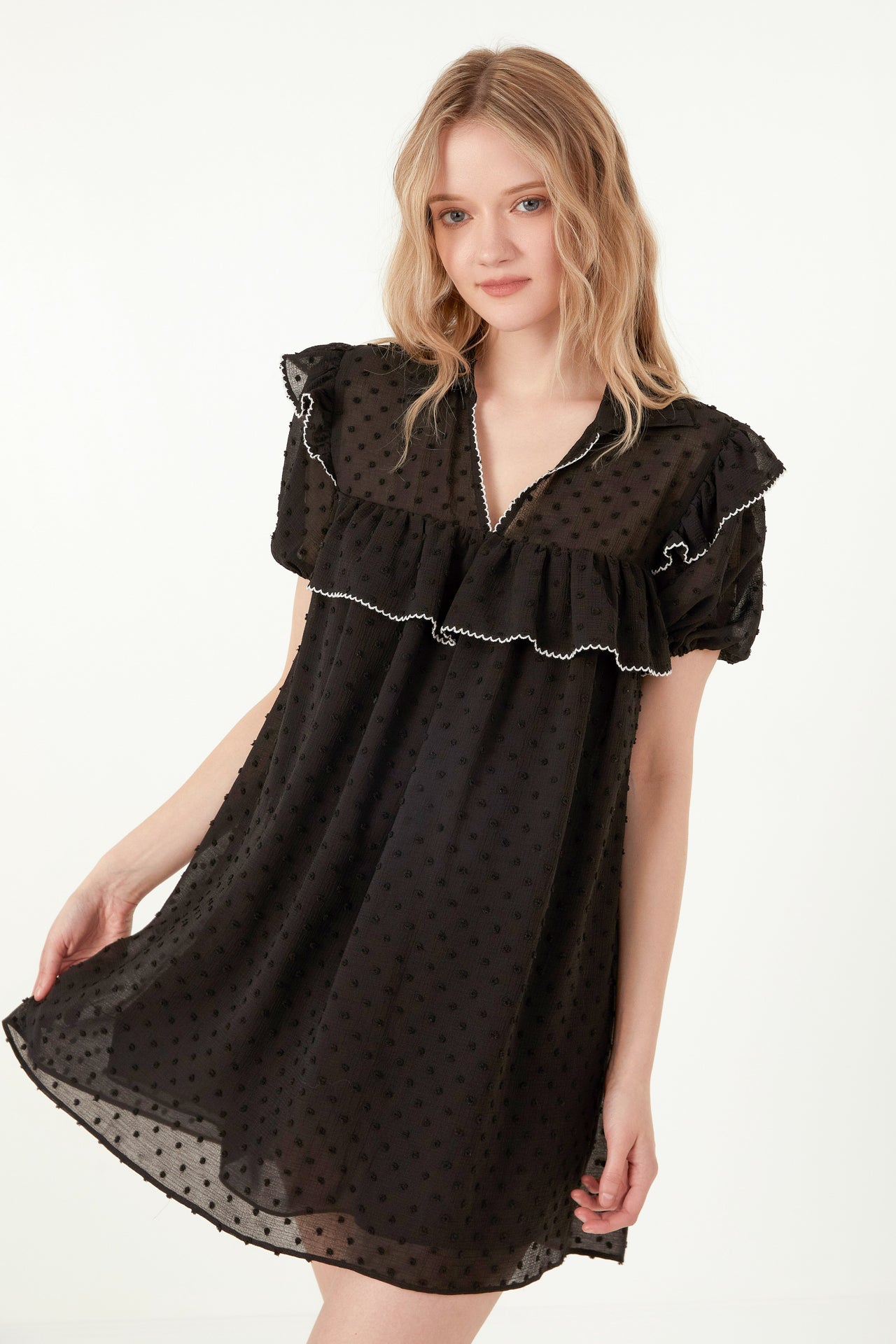 FREE THE ROSES - Free The Roses - Swiss Dot Mini Dress with Ruffle Detail - DRESSES available at Objectrare