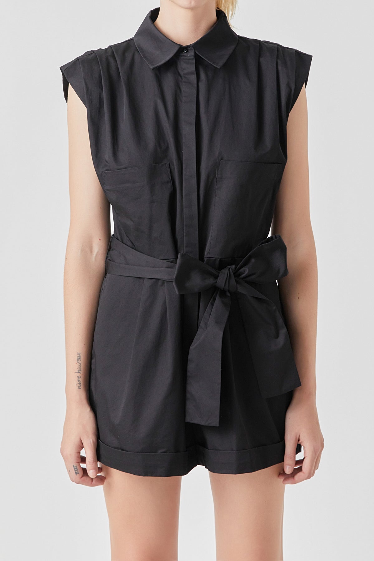 GREY LAB - Shoulder Pleated Collared Romper - ROMPERS available at Objectrare
