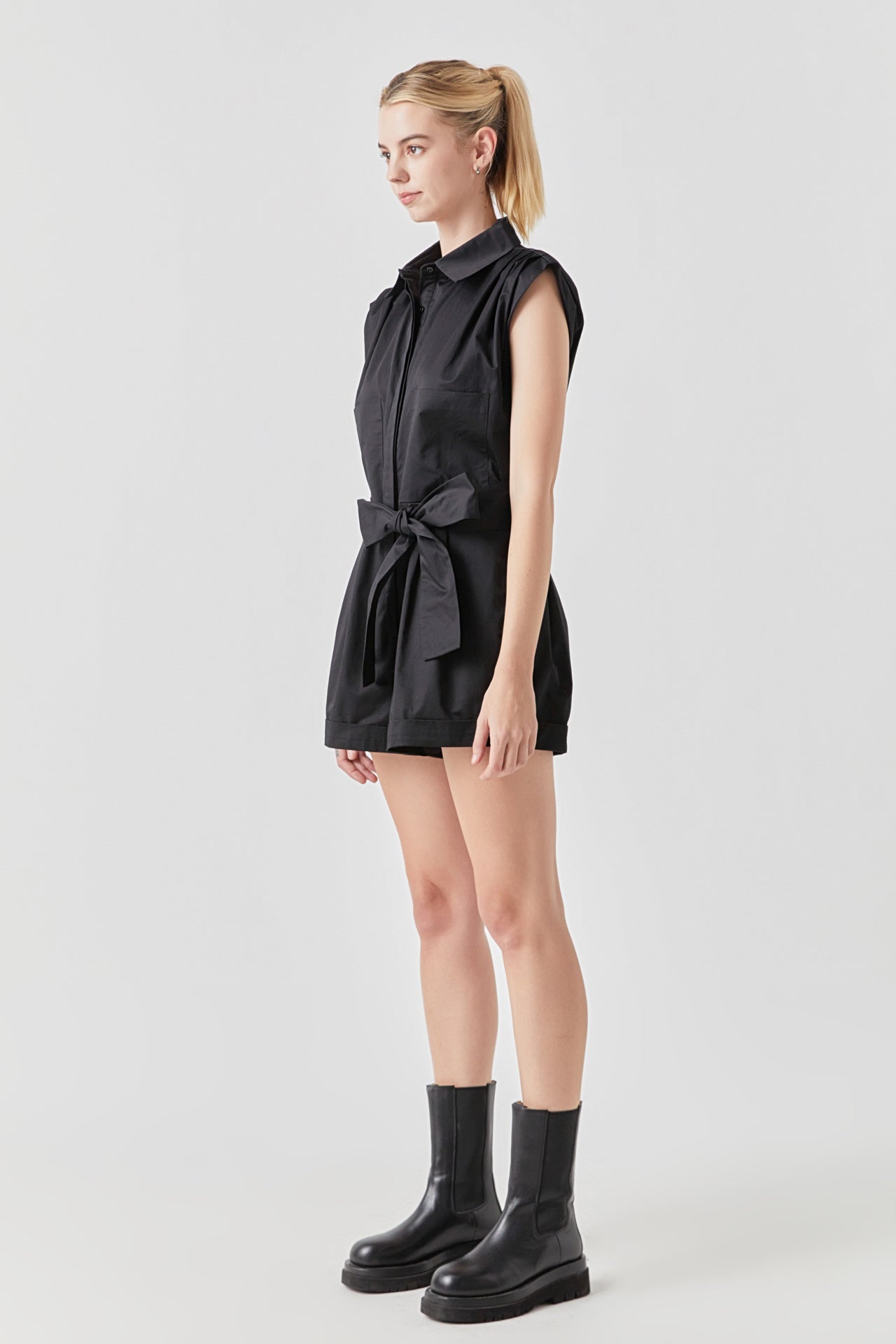 GREY LAB - Shoulder Pleated Collared Romper - ROMPERS available at Objectrare