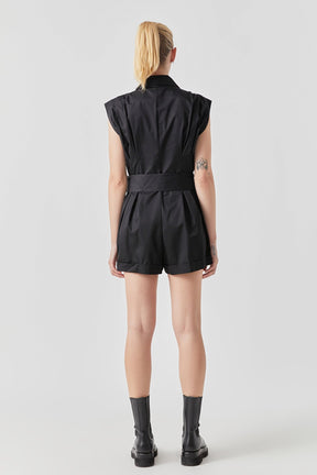 GREY LAB - Shoulder Pleated Collared Romper - ROMPERS available at Objectrare