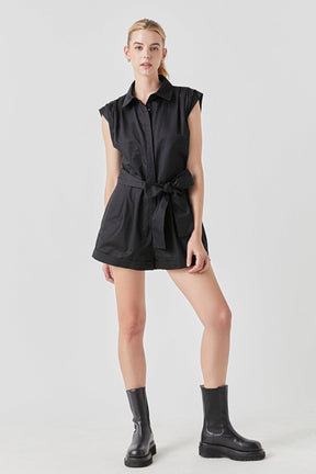 GREY LAB - Shoulder Pleated Collared Romper - ROMPERS available at Objectrare