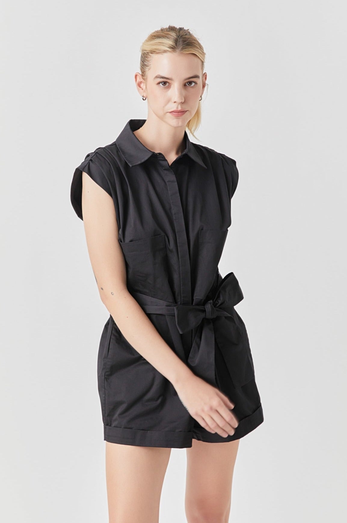 GREY LAB - Shoulder Pleated Collared Romper - ROMPERS available at Objectrare