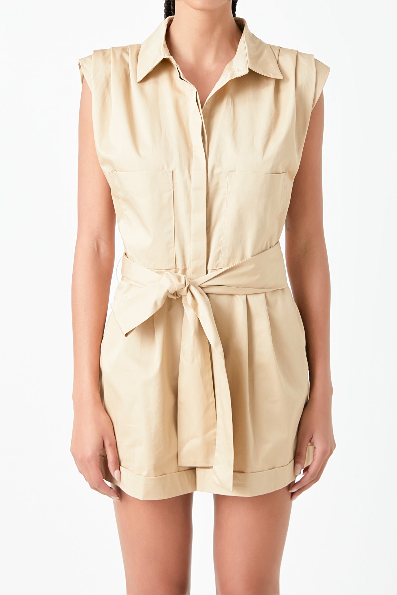 GREY LAB - Grey Lab - Shoulder Pleated Collared Romper - ROMPERS available at Objectrare