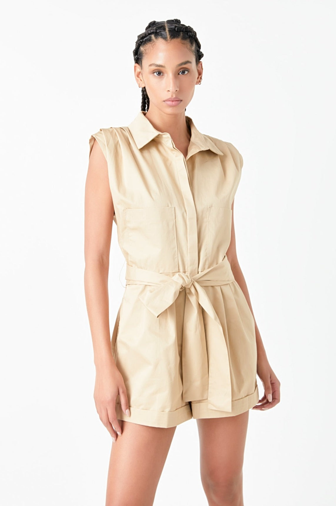 GREY LAB - Grey Lab - Shoulder Pleated Collared Romper - ROMPERS available at Objectrare