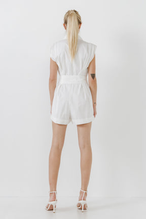 GREY LAB - Shoulder Pleated Collared Romper - ROMPERS available at Objectrare