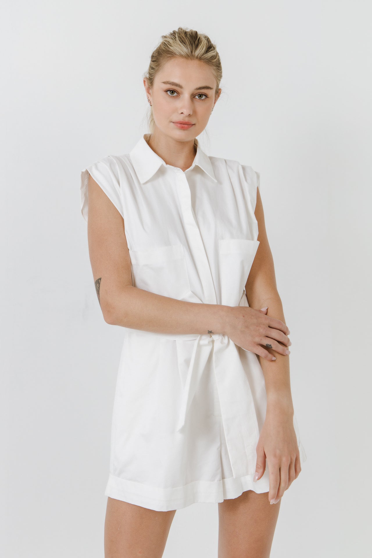 GREY LAB - Shoulder Pleated Collared Romper - ROMPERS available at Objectrare