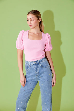 ENDLESS ROSE - Knit Square Neck Puff Top - TOPS available at Objectrare