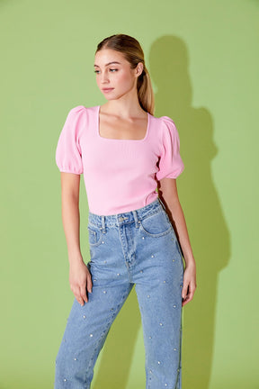 ENDLESS ROSE - Endless Rose - Knit Square Neck Puff Top - TOPS available at Objectrare