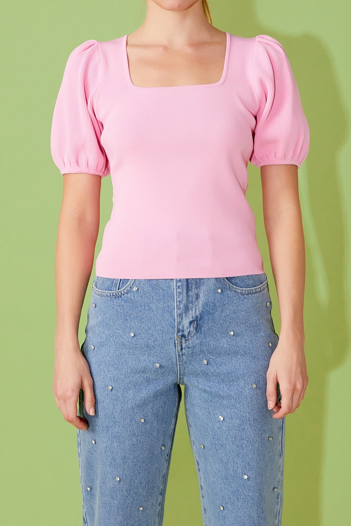ENDLESS ROSE - Knit Square Neck Puff Top - TOPS available at Objectrare