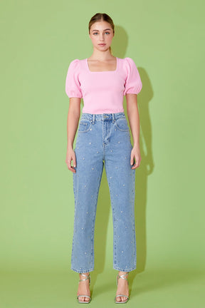 ENDLESS ROSE - Knit Square Neck Puff Top - TOPS available at Objectrare