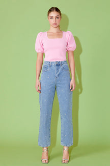 ENDLESS ROSE - Endless Rose - Knit Square Neck Puff Top - TOPS available at Objectrare