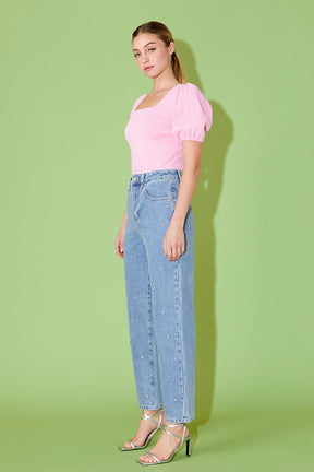 ENDLESS ROSE - Knit Square Neck Puff Top - TOPS available at Objectrare