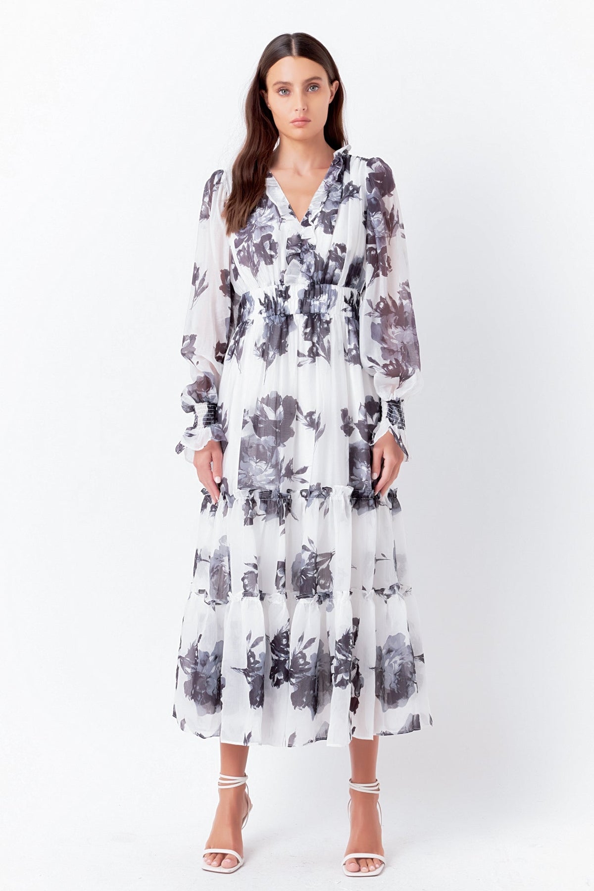 ENDLESS ROSE - Monotone Floral Print Midi Dress - DRESSES available at Objectrare