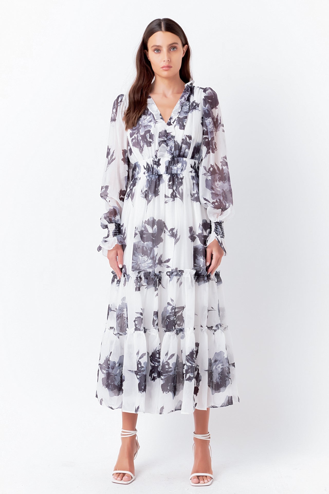 ENDLESS ROSE - Monotone Floral Print Midi Dress - DRESSES available at Objectrare