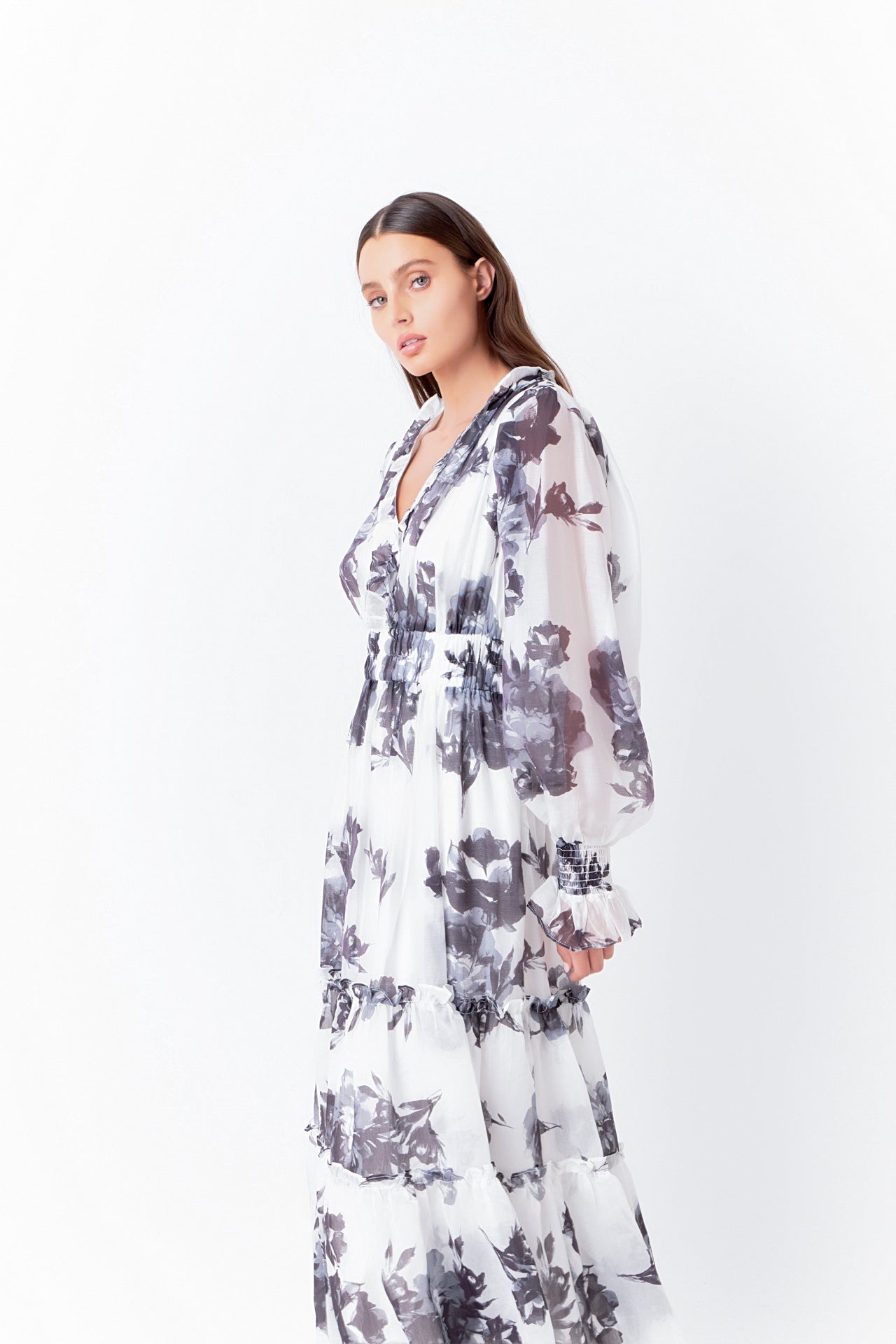 ENDLESS ROSE - Monotone Floral Print Midi Dress - DRESSES available at Objectrare