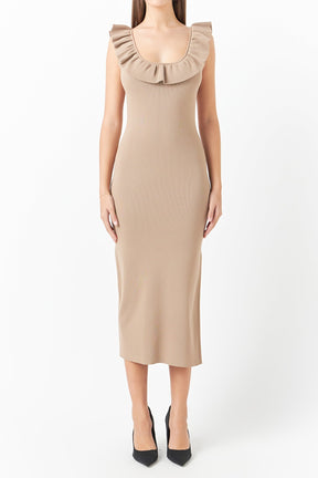 ENDLESS ROSE - Ruffle Neckline Midi Slit Dress - DRESSES available at Objectrare