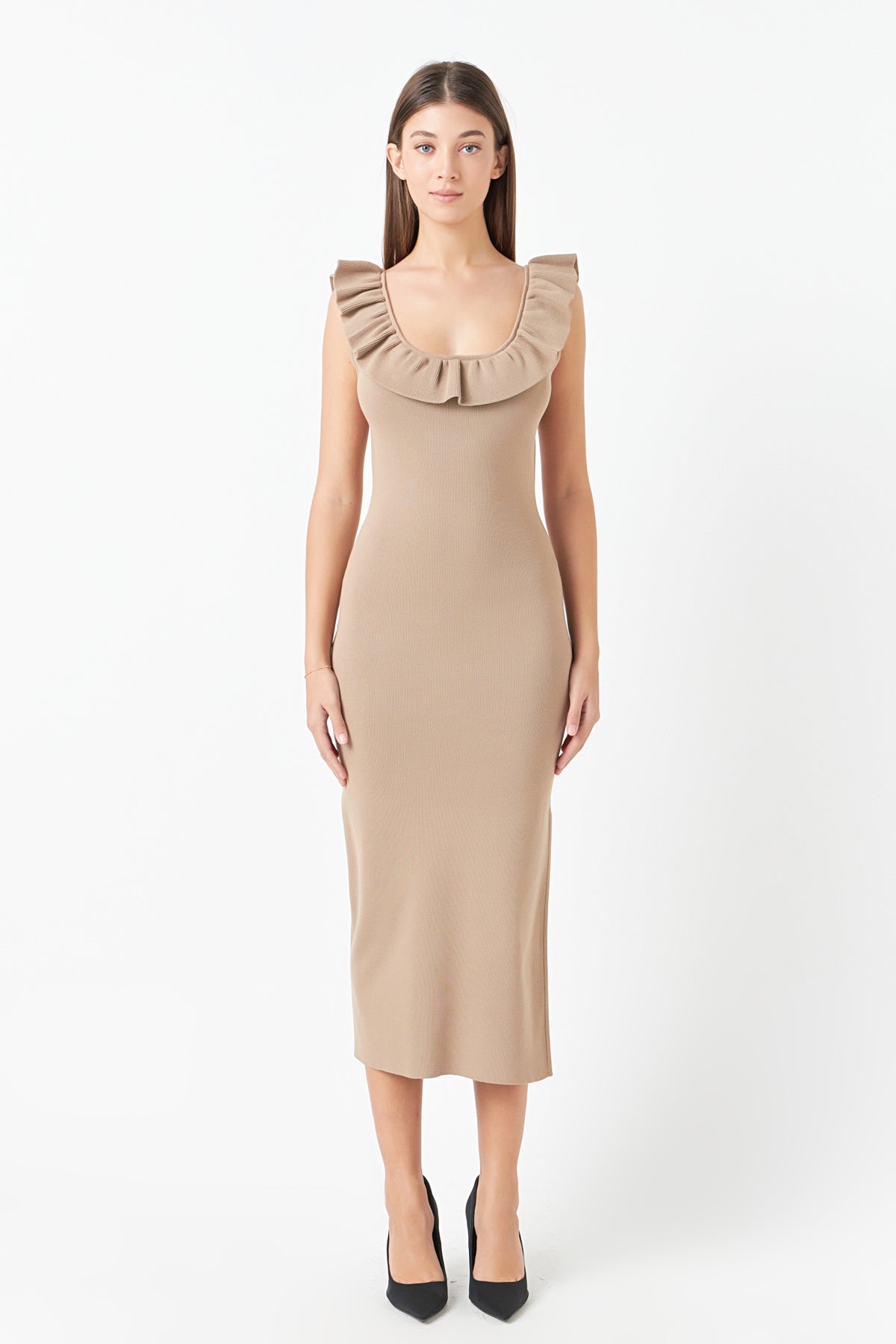 ENDLESS ROSE - Ruffle Neckline Midi Slit Dress - DRESSES available at Objectrare