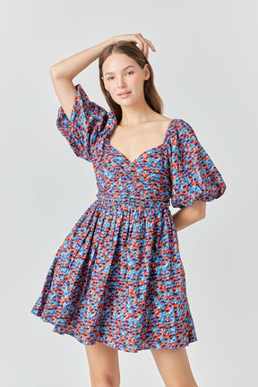 ENDLESS ROSE - Floral Ruched Poplin Mini Dress - DRESSES available at Objectrare