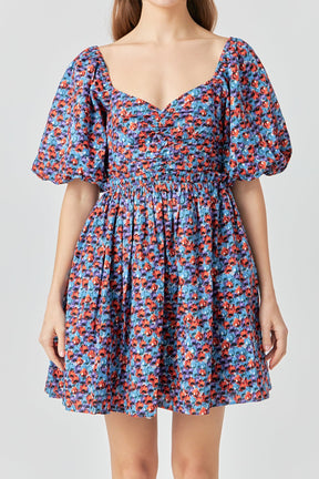ENDLESS ROSE - Floral Ruched Poplin Mini Dress - DRESSES available at Objectrare