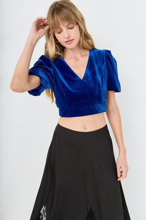 Cropped Velvet Puff Sleeve Top
