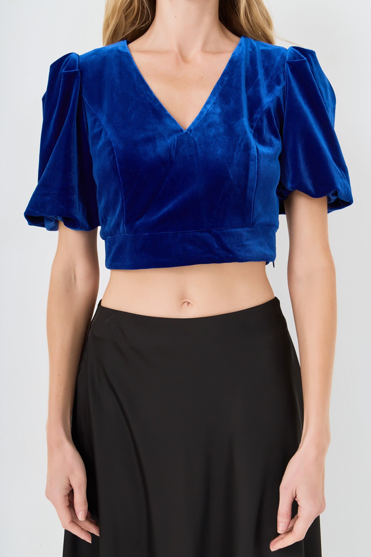 Cropped Velvet Puff Sleeve Top