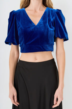 Cropped Velvet Puff Sleeve Top
