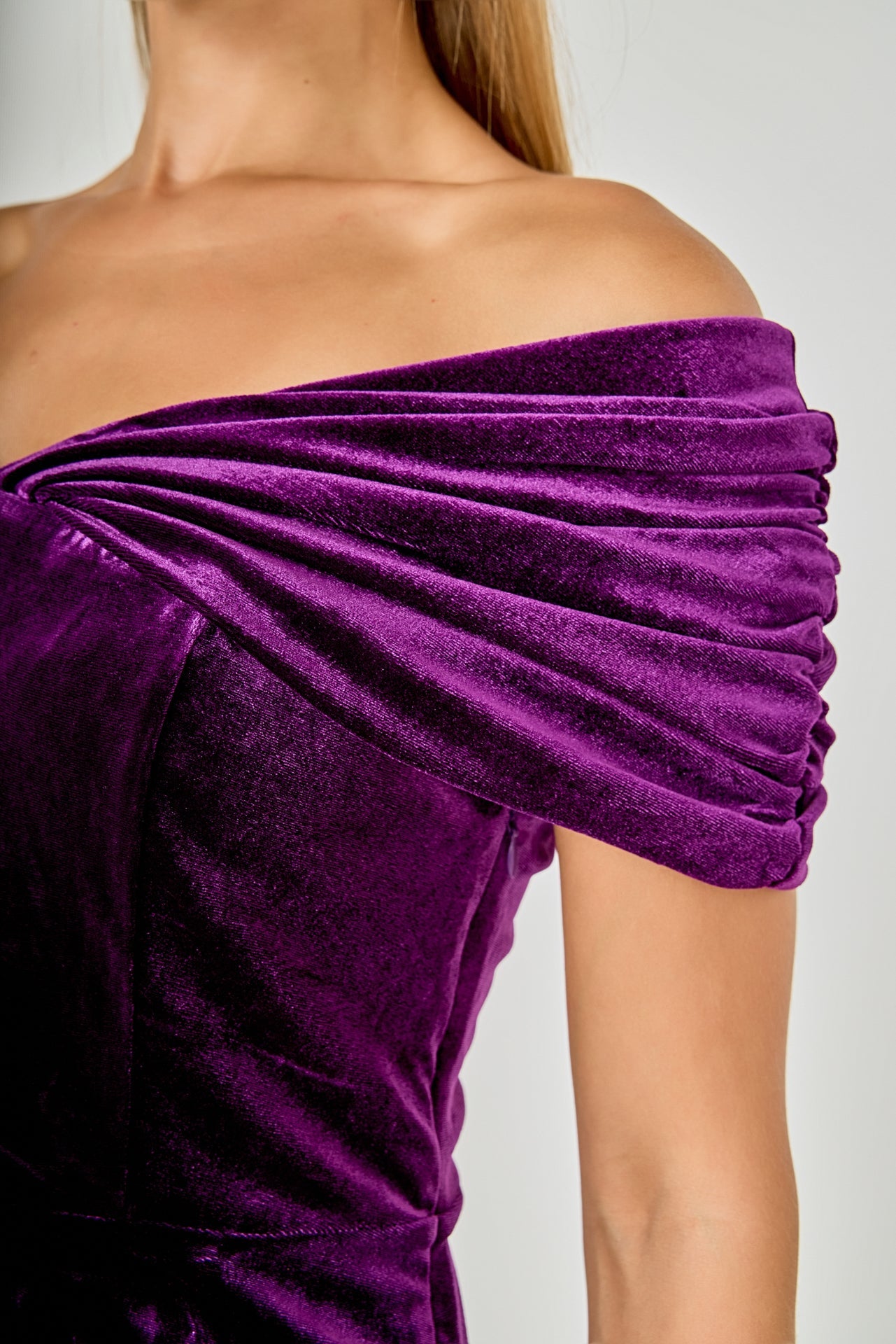 purple velvet off the shoulder dress Amethyst Velvet Off-Shoulder Gown with Sculptural Petal Accent - N0698