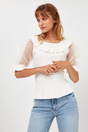 ENGLISH FACTORY - Organza Puff Sleeve Knit Top with Ruffled Neck - TOPS available at Objectrare