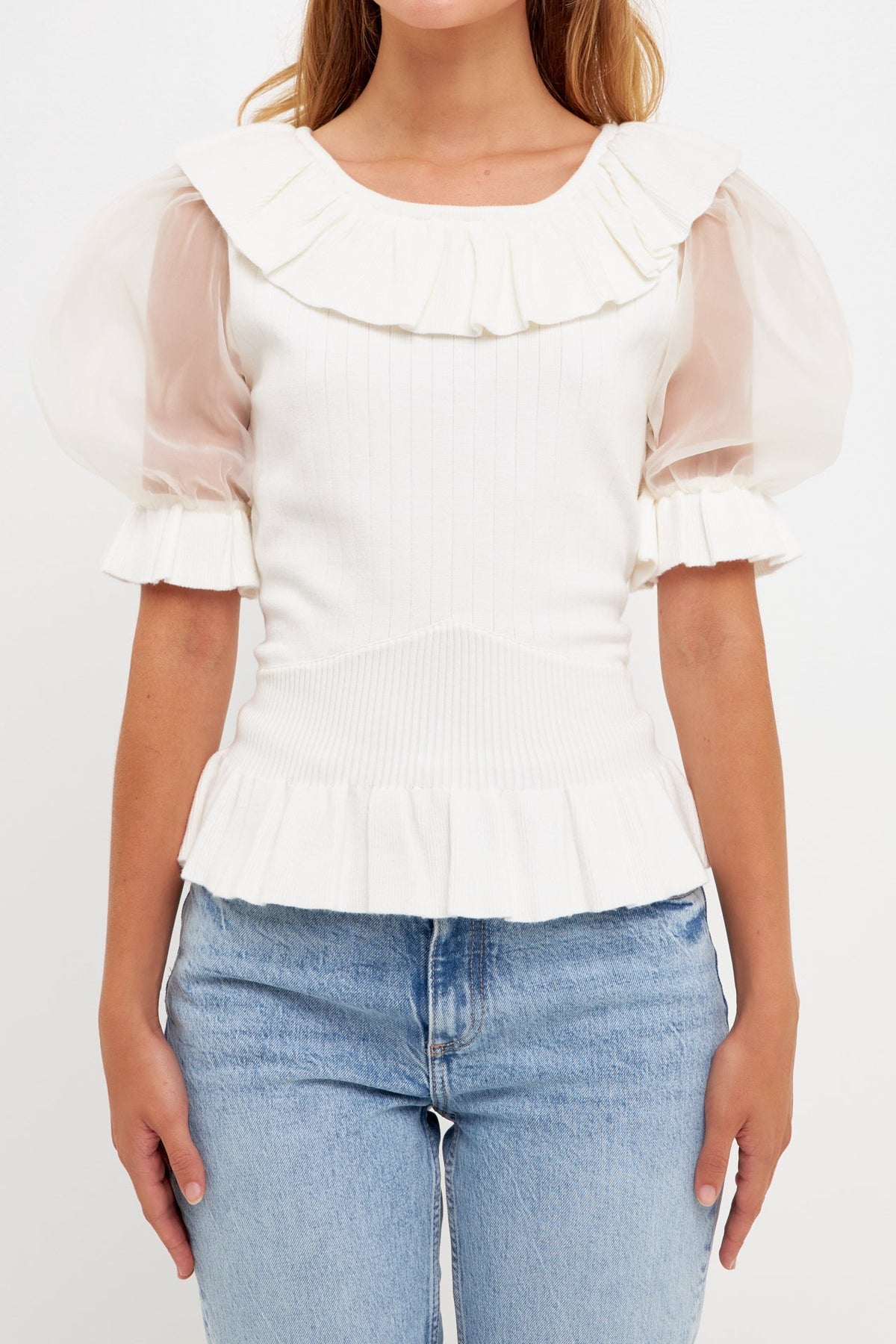 ENGLISH FACTORY - Organza Puff Sleeve Knit Top with Ruffled Neck - TOPS available at Objectrare