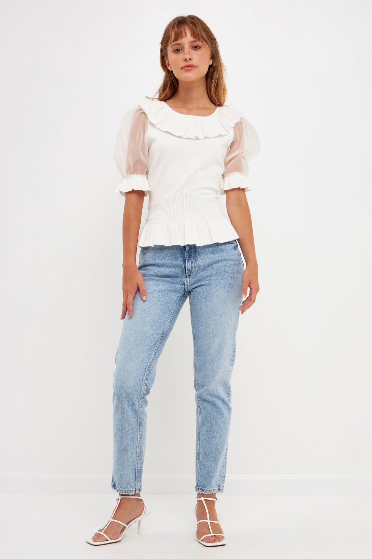 ENGLISH FACTORY - English Factory - Organza Puff Sleeve Knit Top with Ruffled Neck - TOPS available at Objectrare