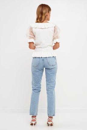 ENGLISH FACTORY - Organza Puff Sleeve Knit Top with Ruffled Neck - TOPS available at Objectrare