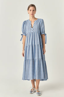Gingham Tiered Dress with Bow-Tie Sleeves