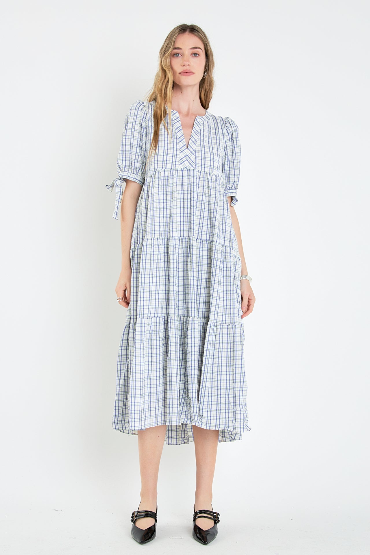 ENGLISH FACTORY - English Factory - Gingham Tiered Dress with Bow-Tie Sleeves- Final Sale - DRESSES available at Objectrare