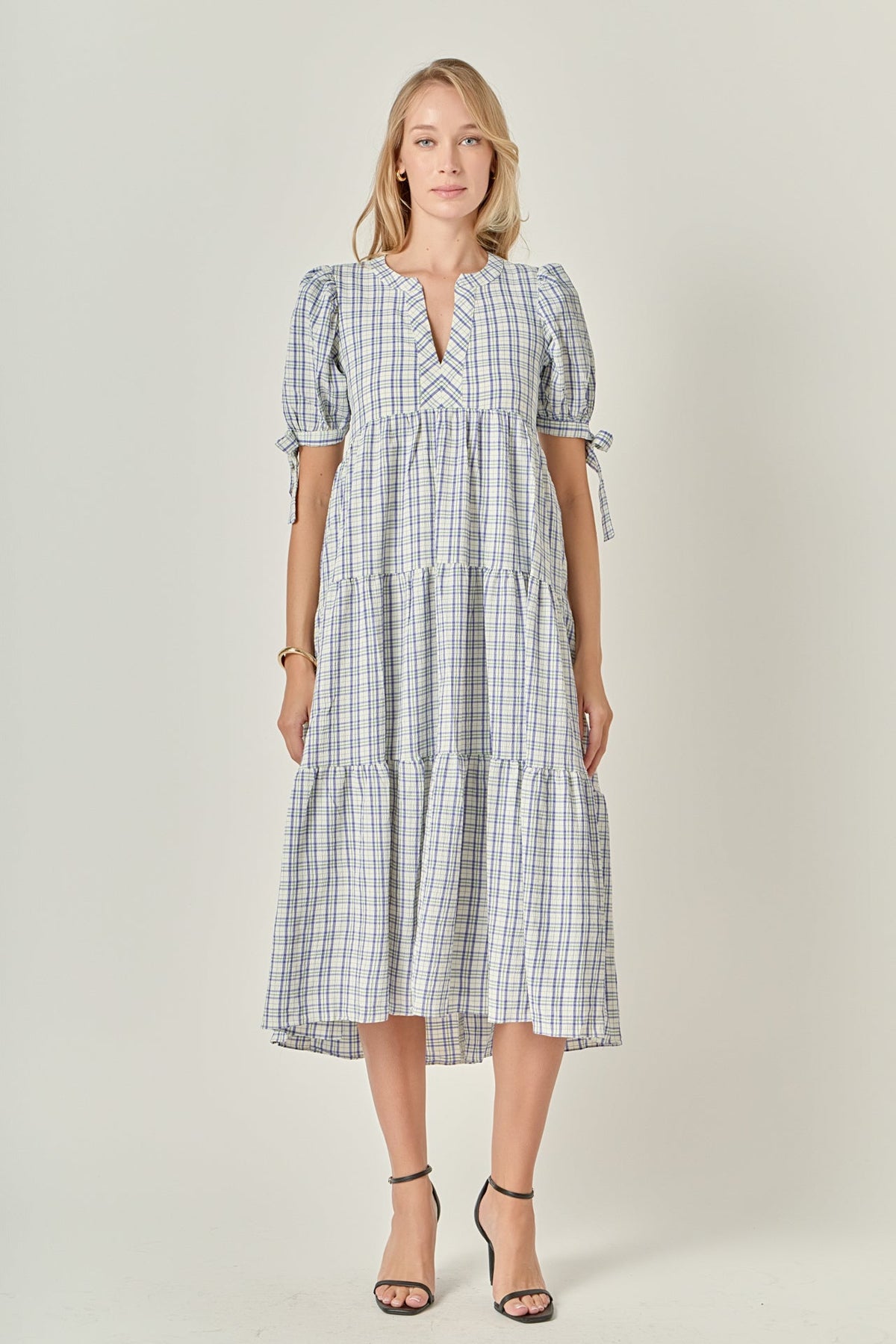 Gingham Tiered Dress with Bow-Tie Sleeves