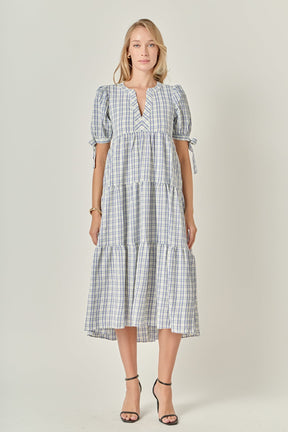 Gingham Tiered Dress with Bow-Tie Sleeves